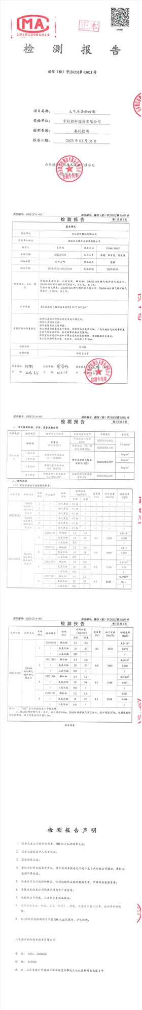 宇虹颜料股份有限公司2023年度锅炉废气检测报告公示